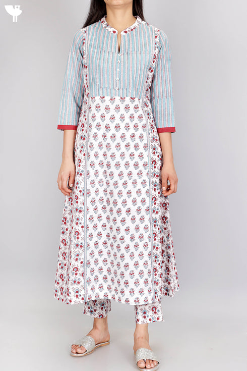 Cotton Kurta Pant Set With Kota Dupatta In Floral Block Print