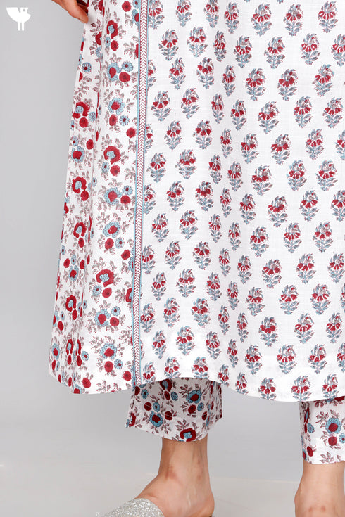 Cotton Kurta Pant Set With Kota Dupatta In Floral Block Print