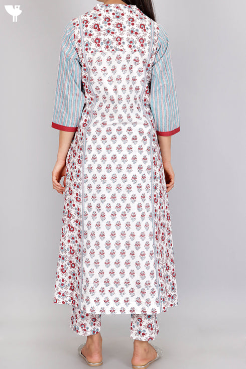 Cotton Kurta Pant Set With Kota Dupatta In Floral Block Print