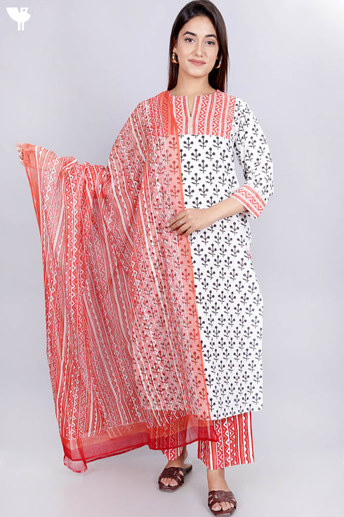 Cotton Kurta Pant Set With Kota Dupatta In Graphic Block Print