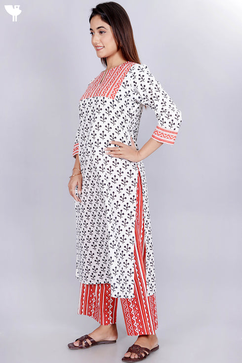 Cotton Kurta Pant Set With Kota Dupatta In Graphic Block Print