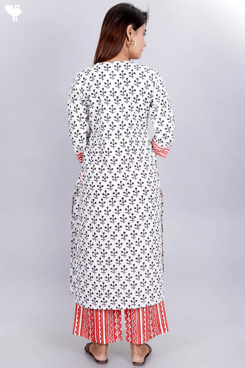 Cotton Kurta Pant Set With Kota Dupatta In Graphic Block Print