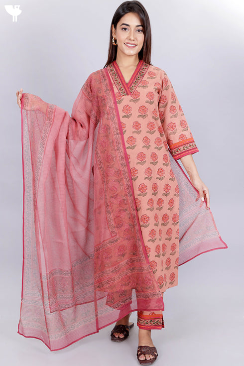 Khaadi Kurta Pant And Kota Doria Dupatta Set in Block Print