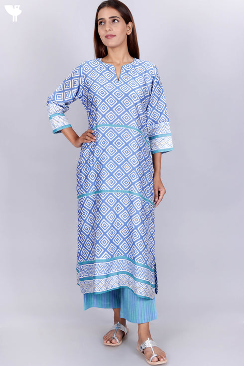 Chanderi Silk Kurta Pant Set With Dupatta In Geometric Block Print