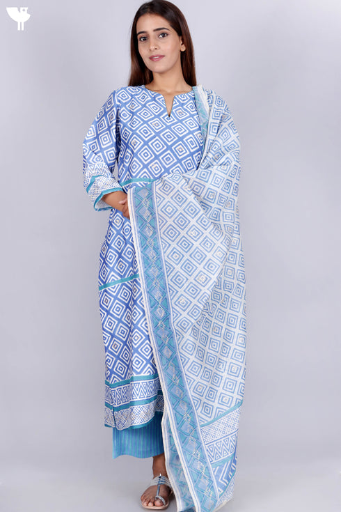 Chanderi Silk Kurta Pant Set With Dupatta In Geometric Block Print