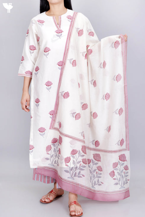 Chanderi Silk Kurta Pant Set With Dupatta In Floral Block Print