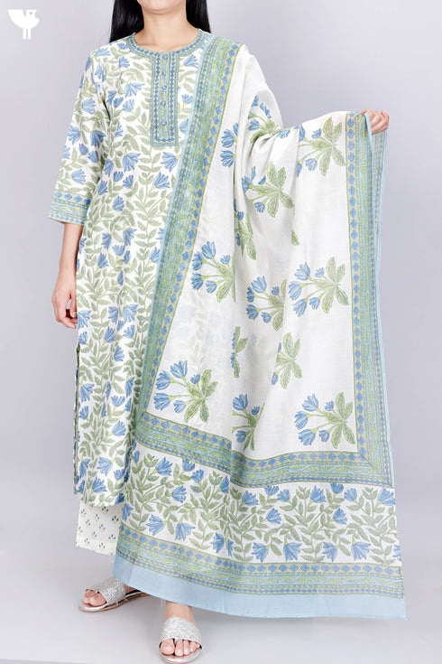 Chanderi Silk Kurta Pant Set With Dupatta In Floral Block Print