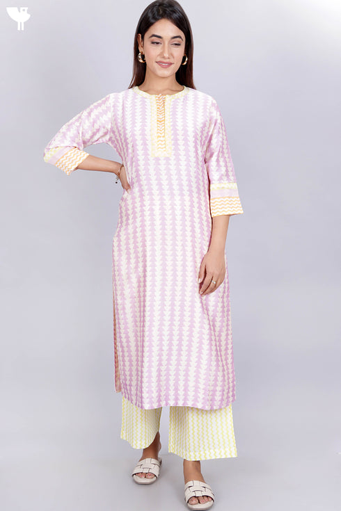 Chanderi Silk Kurta Pant Set With Dupatta In Geometric Block Print