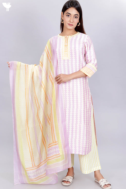 Chanderi Silk Kurta Pant Set With Dupatta In Geometric Block Print