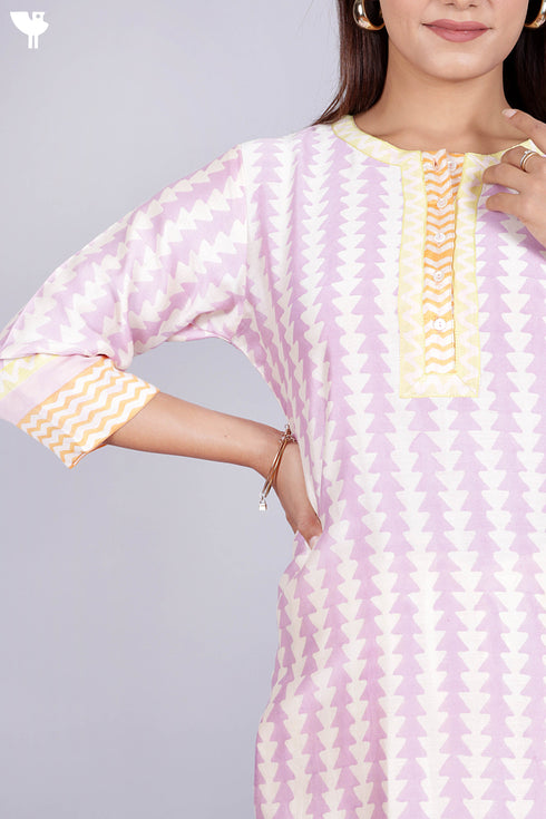 Chanderi Silk Kurta Pant Set With Dupatta In Geometric Block Print