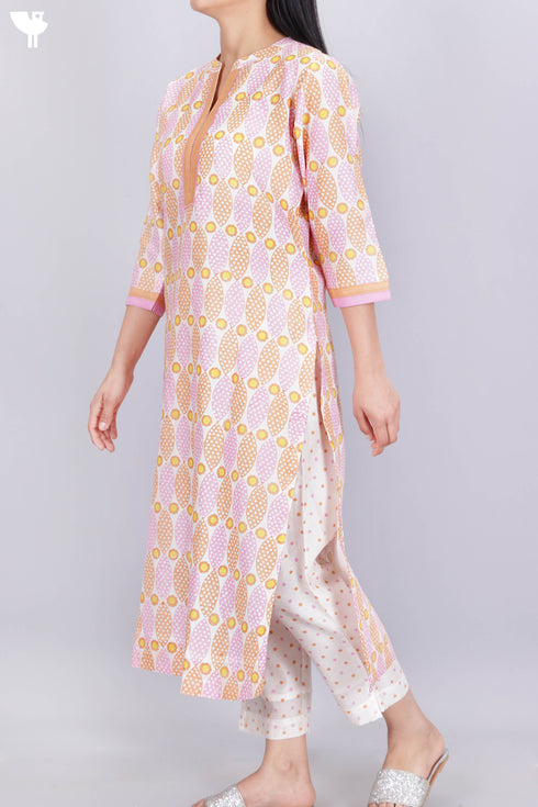 Chanderi Silk Kurta Pant And Dupatta Set in Graphic Block Print
