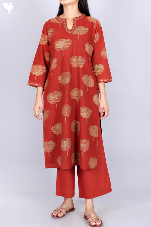 Cotton Kurta, Dupatta And Pant Set In Gold Block Print
