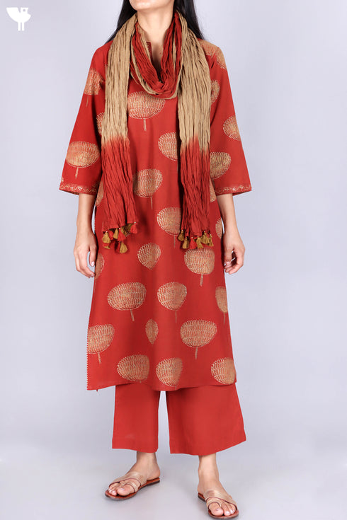 Cotton Kurta, Dupatta And Pant Set In Gold Block Print