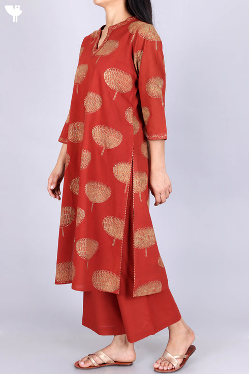 Cotton Kurta, Dupatta And Pant Set In Gold Block Print