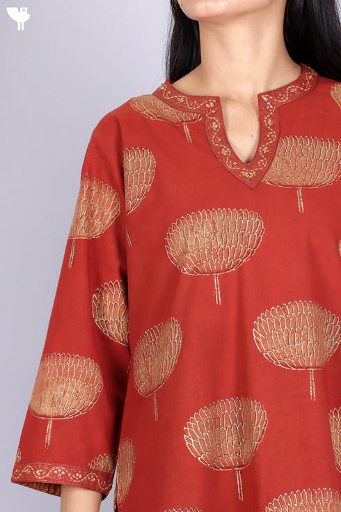 Cotton Kurta, Dupatta And Pant Set In Gold Block Print