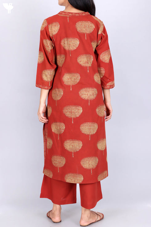 Cotton Kurta, Dupatta And Pant Set In Gold Block Print