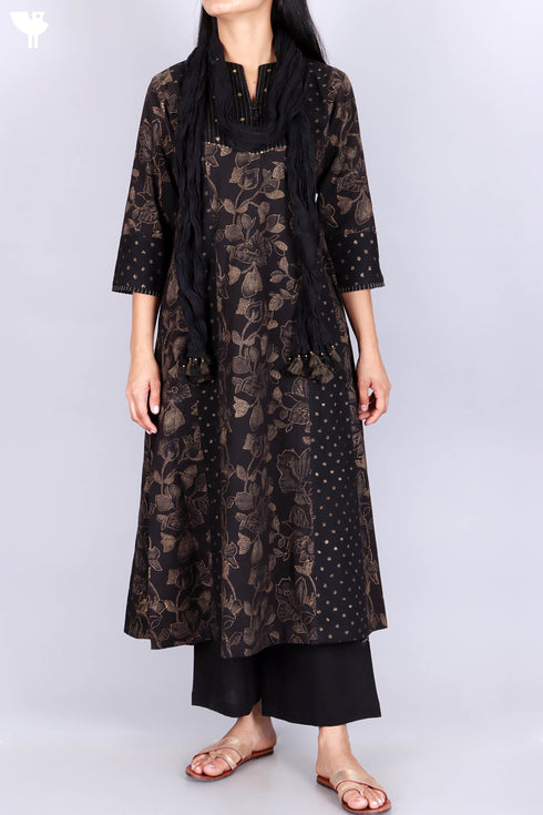 Cotton Kurta, Dupatta And Pant Set In Gold Block Print