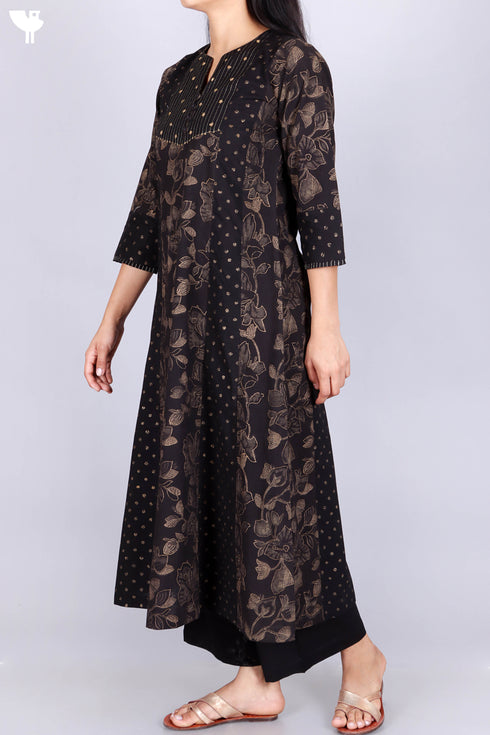 Cotton Kurta, Dupatta And Pant Set In Gold Block Print