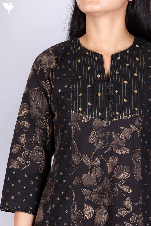 Cotton Kurta, Dupatta And Pant Set In Gold Block Print