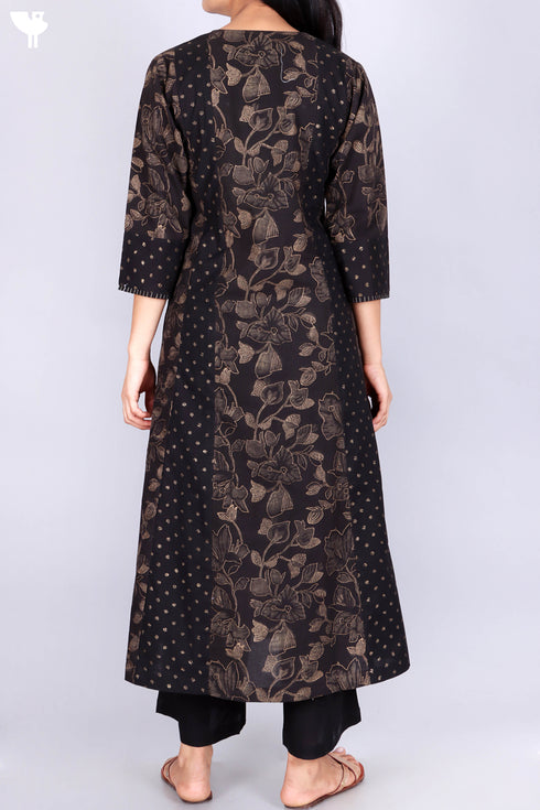 Cotton Kurta, Dupatta And Pant Set In Gold Block Print