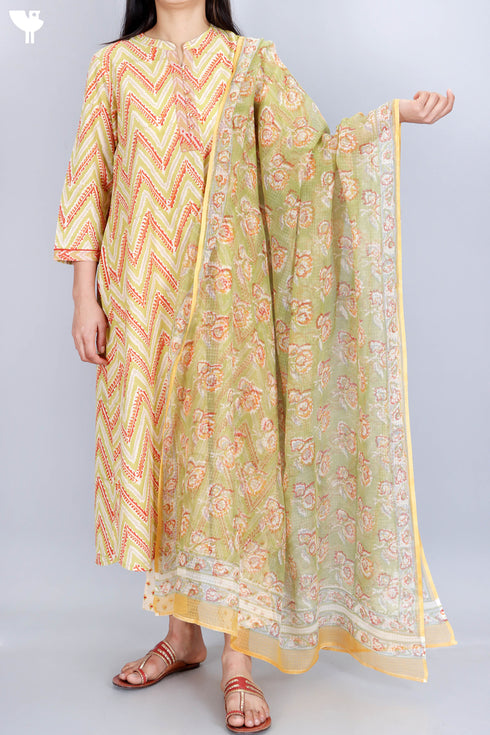Cotton Kurta Pant Set With Kota Dupatta In Block Print