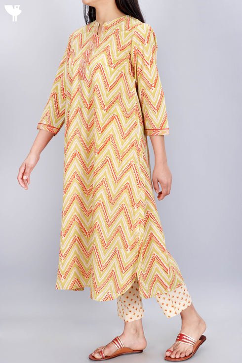 Cotton Kurta Pant Set With Kota Dupatta In Block Print