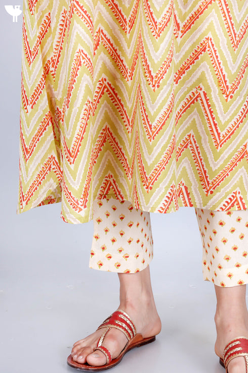 Cotton Kurta Pant Set With Kota Dupatta In Block Print