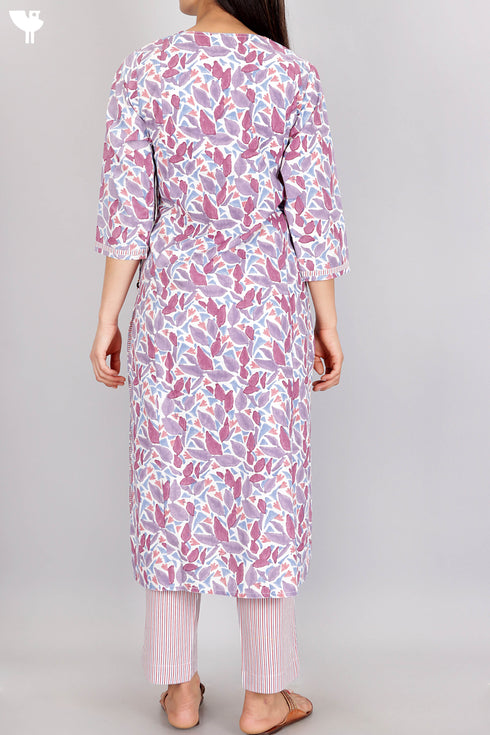CottonKurta Pant Set With Dupatta In Block Print