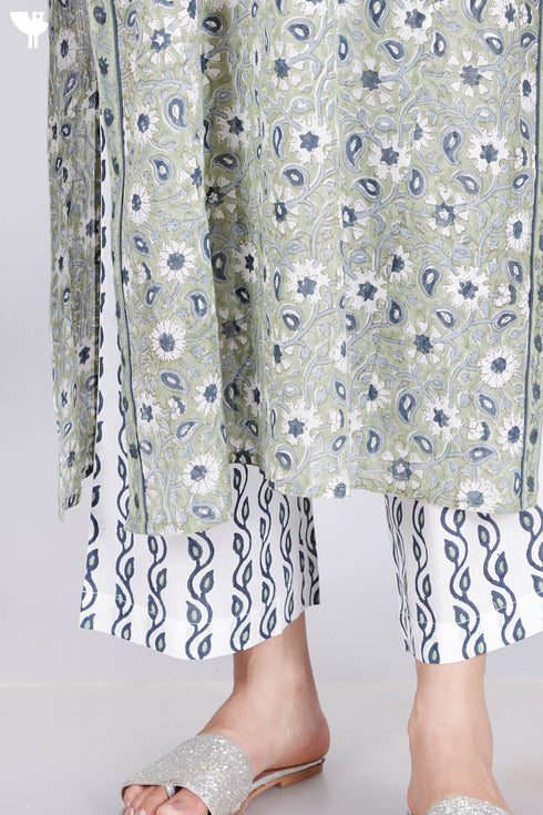 Mulmul Cotton Kurta And Pant Set In Block Print