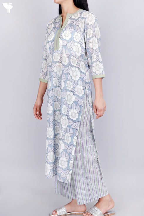 Mulmul Cotton Kurta And Pant Set In Block Print