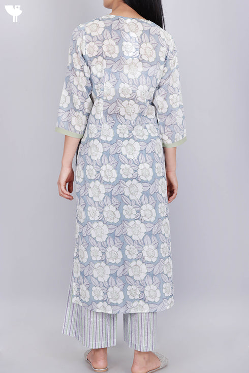 Mulmul Cotton Kurta And Pant Set In Block Print