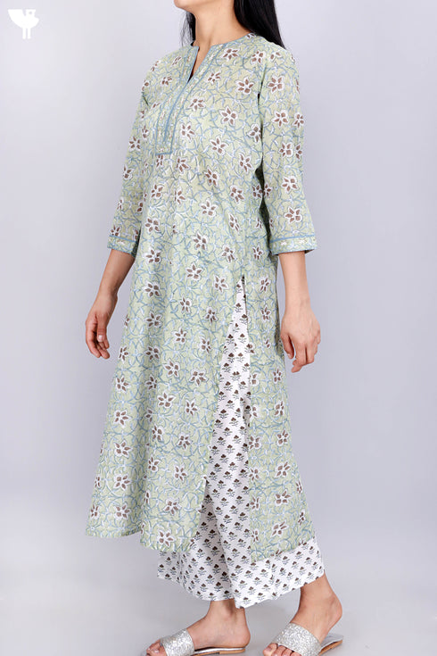 Mulmul Cotton Kurta And Pant Set In Block Print