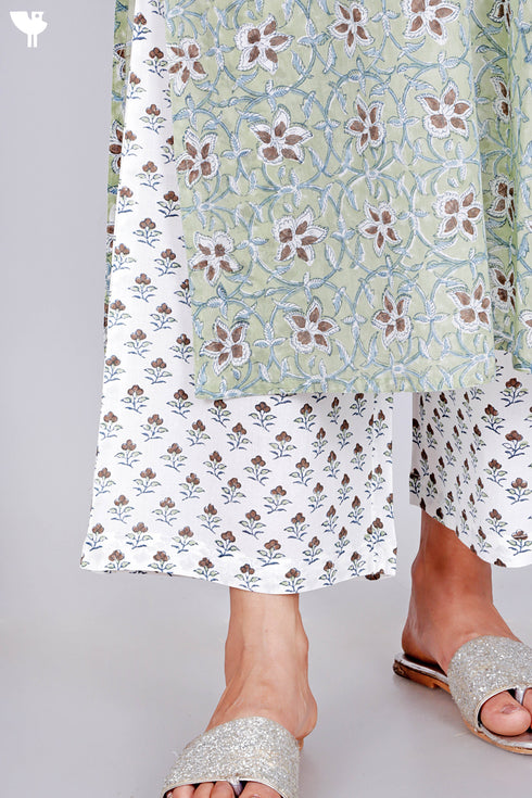 Mulmul Cotton Kurta And Pant Set In Block Print