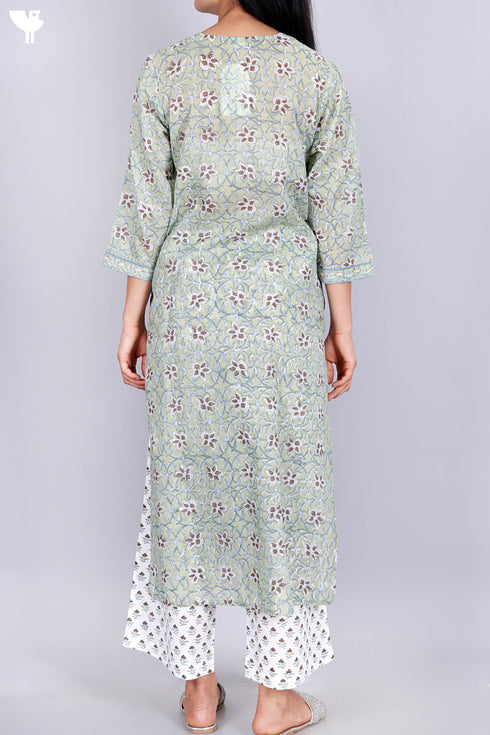 Mulmul Cotton Kurta And Pant Set In Block Print