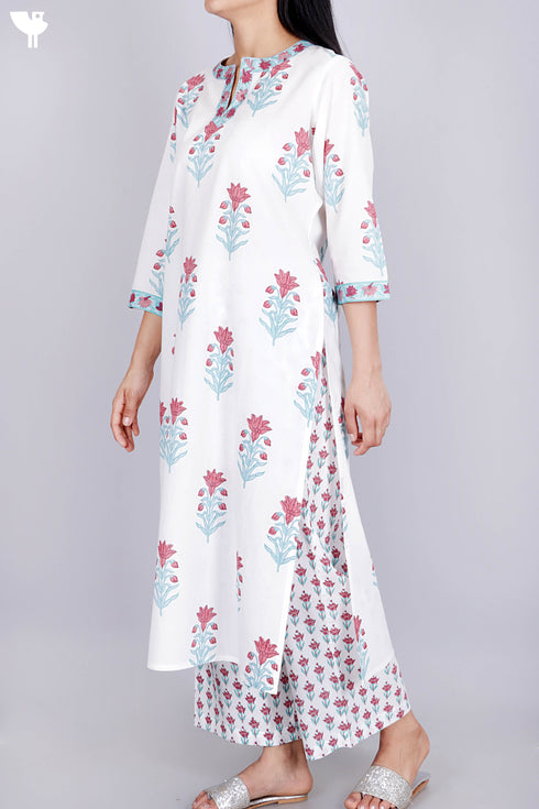 Cambric Cotton Kurta And Pant In Floral Block Print