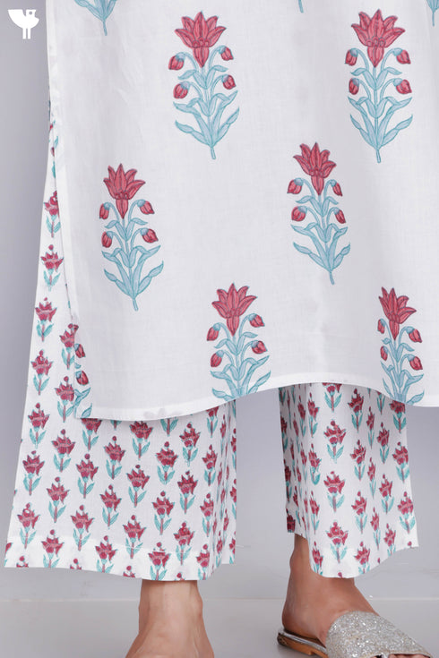 Cambric Cotton Kurta And Pant In Floral Block Print