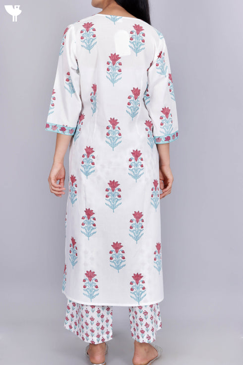 Cambric Cotton Kurta And Pant In Floral Block Print