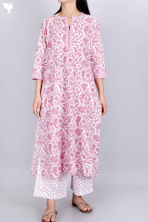 Cambric Cotton Kurta And Pant In Floral Block Print