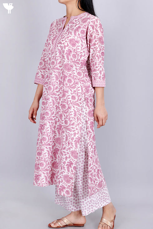 Cambric Cotton Kurta And Pant In Floral Block Print