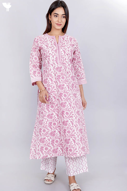 Cambric Cotton Kurta And Pant In Floral Block Print