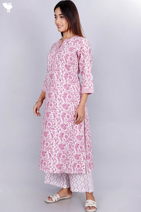 Cambric Cotton Kurta And Pant In Floral Block Print