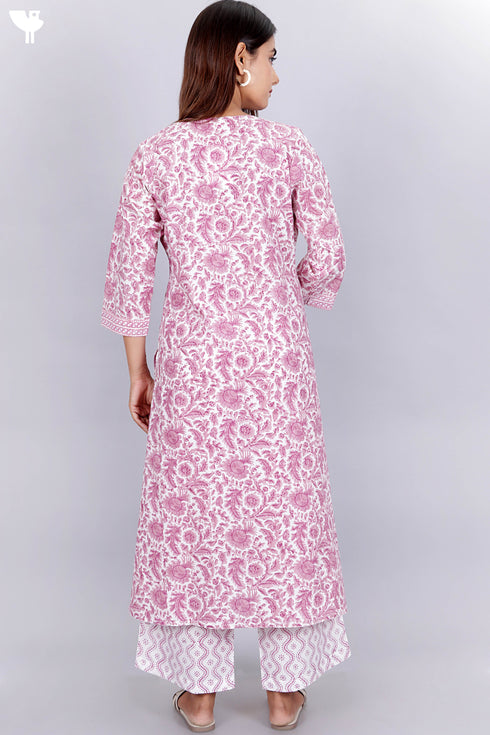Cambric Cotton Kurta And Pant In Floral Block Print