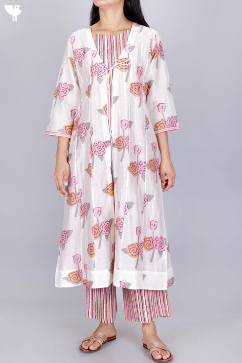 Chanderi Silk Kurta With Overlay Jacket and Pant In Floral Block Print