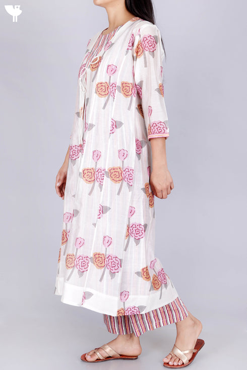 Chanderi Silk Kurta With Overlay Jacket and Pant In Floral Block Print