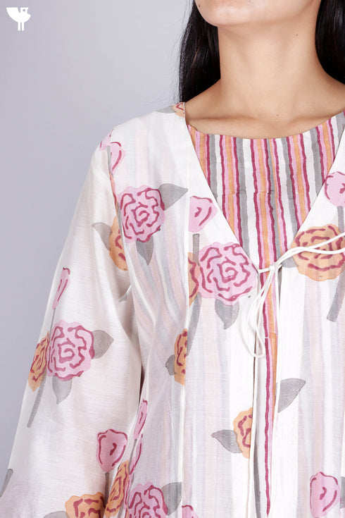 Chanderi Silk Kurta With Overlay Jacket and Pant In Floral Block Print