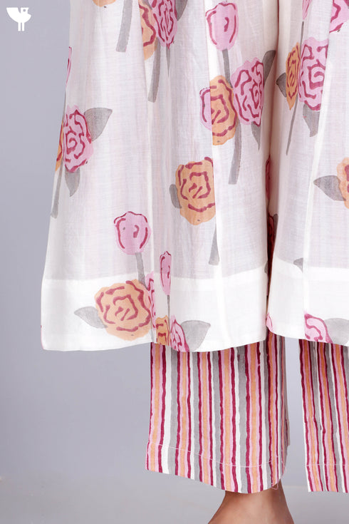 Chanderi Silk Kurta With Overlay Jacket and Pant In Floral Block Print