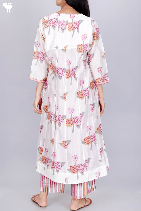 Chanderi Silk Kurta With Overlay Jacket and Pant In Floral Block Print