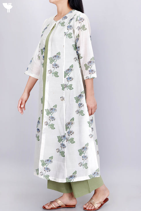 Cambric Cotton Kurta With Overlay Jacket and Pant In Floral Block Print