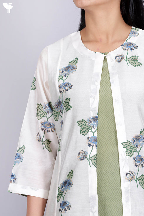 Cambric Cotton Kurta With Overlay Jacket and Pant In Floral Block Print