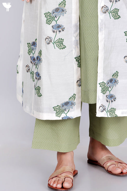 Cambric Cotton Kurta With Overlay Jacket and Pant In Floral Block Print